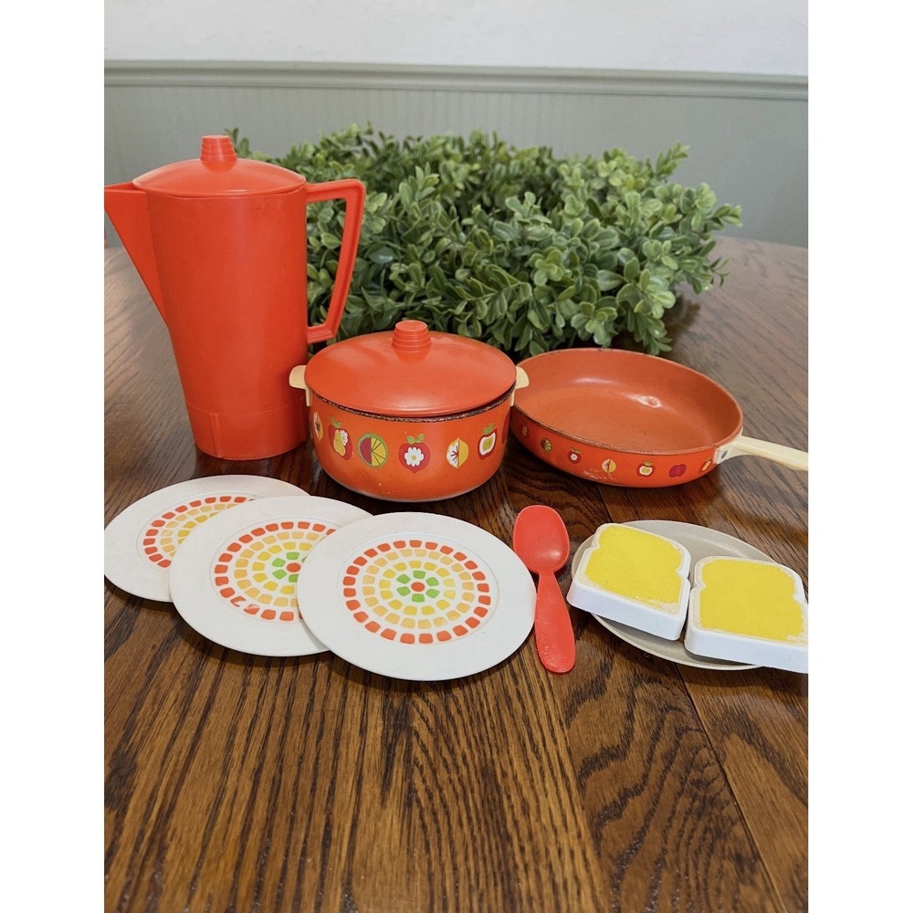 Enamel Tin Pots Pans Plates Pitcher Kitchen Pretend Play 1970s Vintage‎ Orange